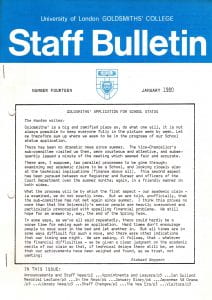 The front cover of Goldsmiths' College 'Staff Bulletin' for January 1980 bearing the college logo and a letter from the Warden Richard Hoggart.