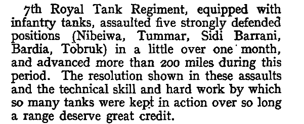 British Gazette commendation to 7th Royal Tank Regiment in against and defeat of Italian troops in 1941.