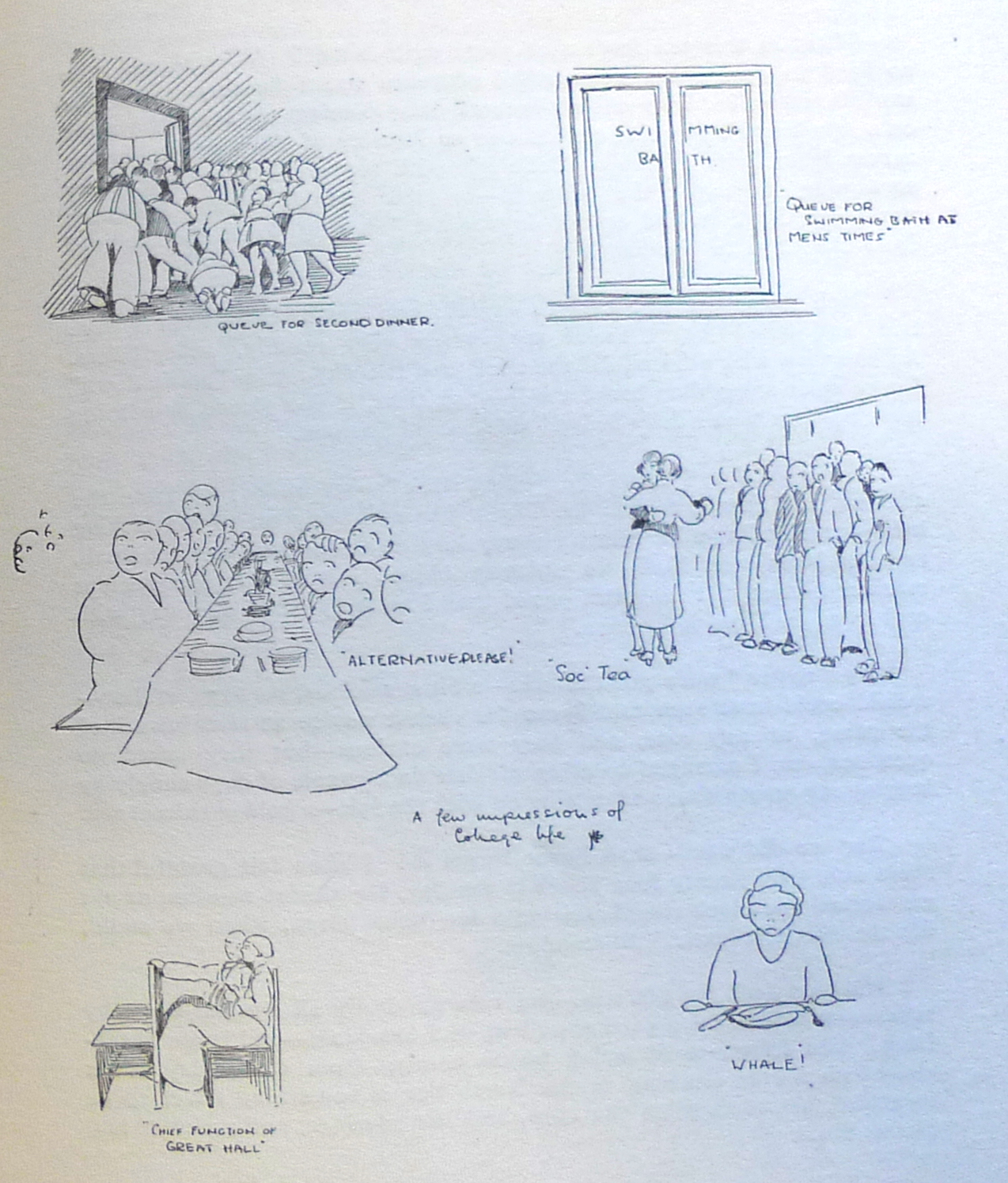Witty sketches of life for students at Goldsmiths College in 1933 for Smith Magazine of that year. Image: Goldsmiths, University of London Special Collections.