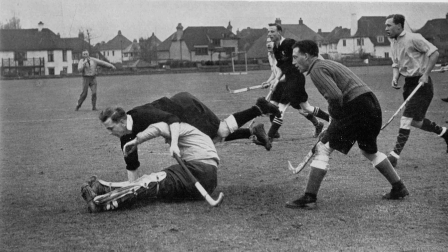 Percy Rothwell's Kent Eleven in action against an International Eleven and scoring an equalizer in March 1941. From 'Grand Finish To Hockey' The Illustrated Sporting and Dramatic News 29th March 1940.