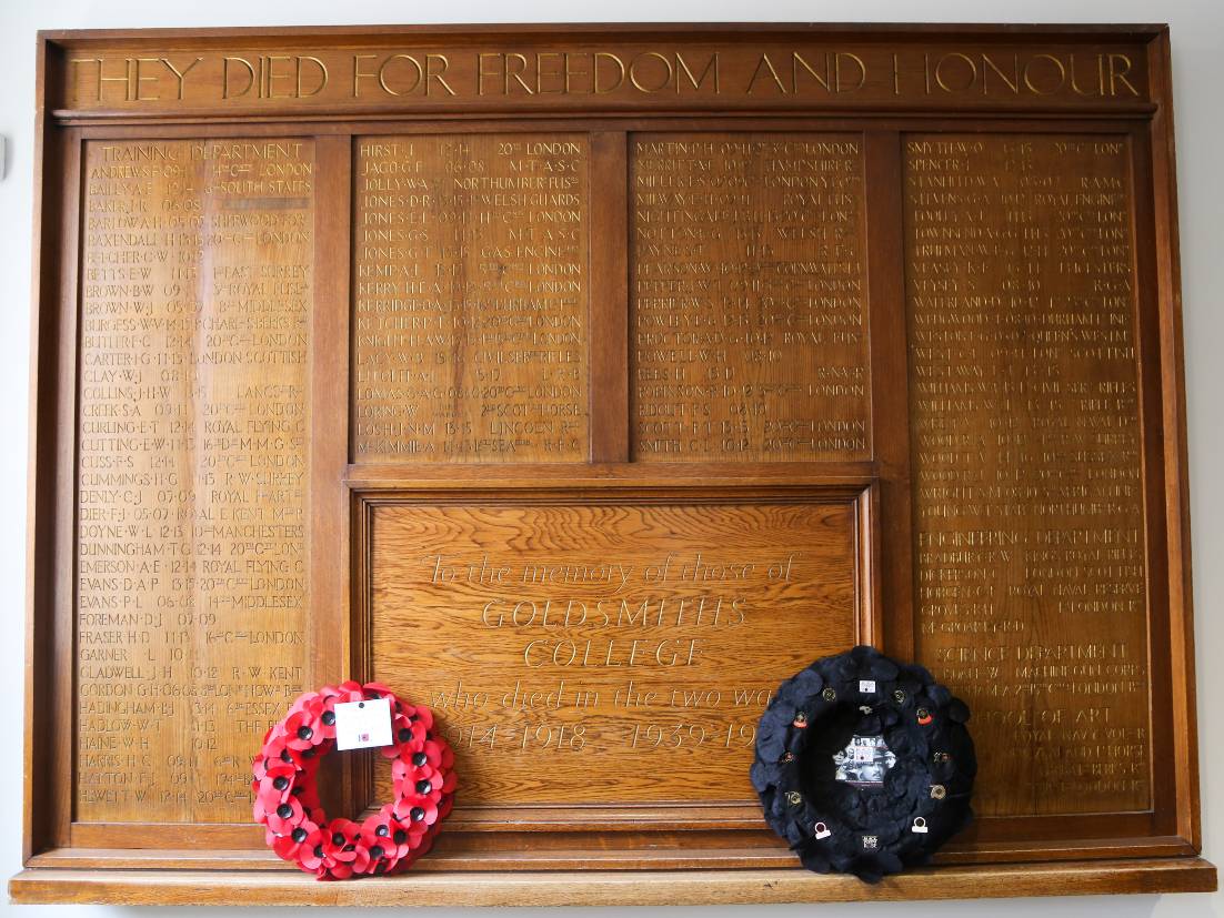 Goldsmiths memorial to alumni (staff and students) who died while in service during the First and Second World Wars. Image: Goldsmiths, University of London