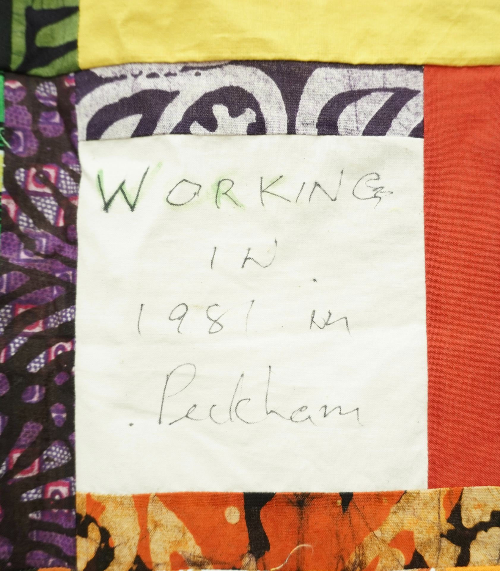 Commemorative quilt. Text reads, 'Working in 1981 in Peckham'