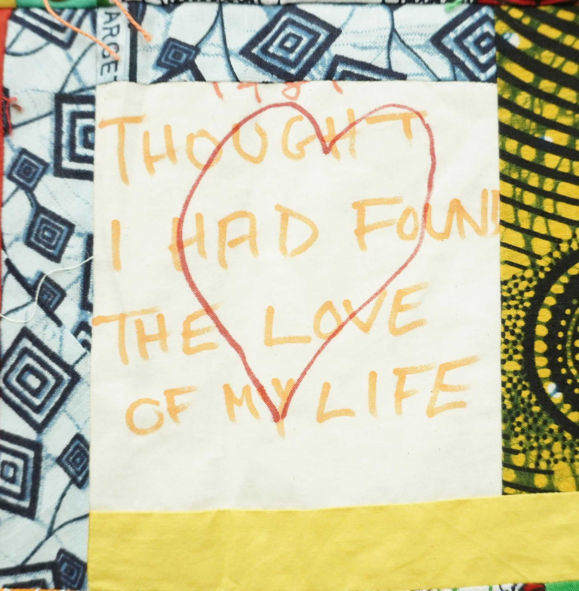 Commemorative quilt. Text reads, '1981, thought I had found the love of my life'