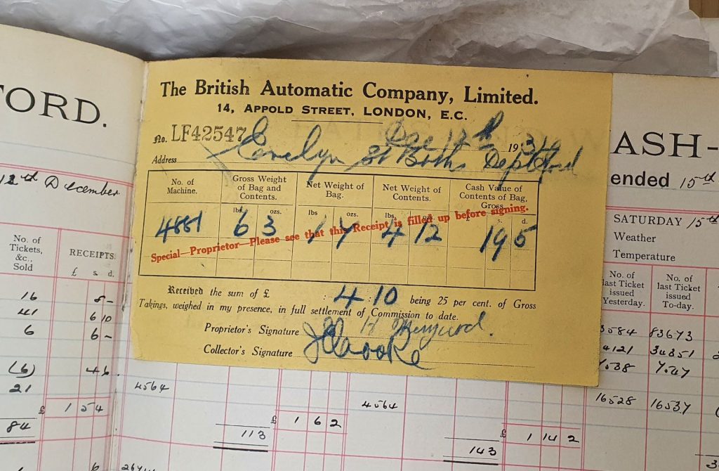 Receipt from the British automated company in the ‘Superintendents daily returns and receipt book - Evelyn’