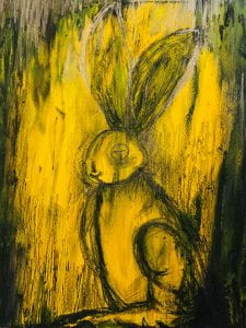 Acrylic, pencil and collage of a rabbit like creature