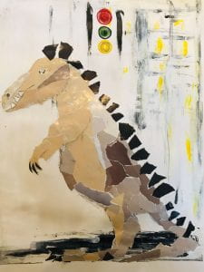 Acrylic, pencil and collage of a dinosaur figure