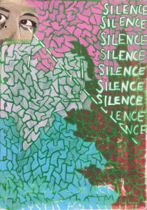 multi coloured painting with the word silence repeated 
