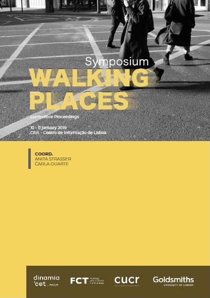 Front cover of the e-book with a black and white photo of three person walking in the street. The title 'Walking Places' is yellow and in front of the photograph. The lower part of the cover is yellow with the names of the authors Anissa Straser and Carla Duarte in black.