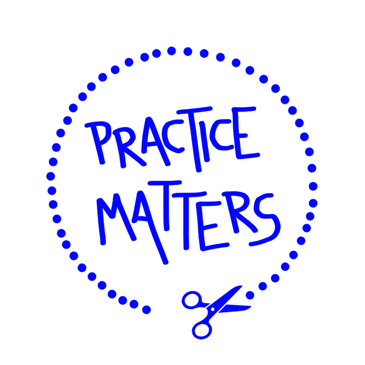Logo of Practice Matters, handwritten in blue with the pictogram of a scissors 