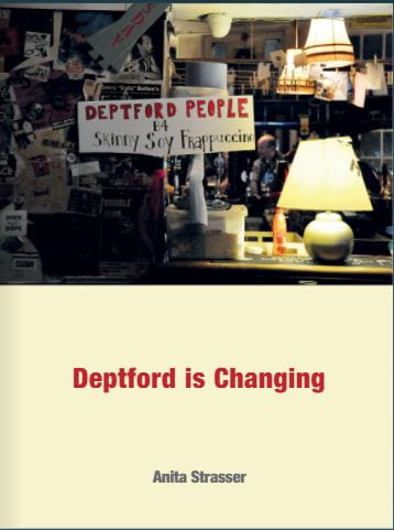 Book cover with the top half a photo of a shop in Deptford and the bottom half the title 'Deptford is Changing' in bold and red. Author's name Anita Strasser in black at the bottom
