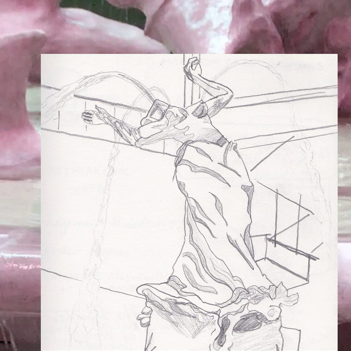 Drawing pencil on paper of the statue by Kara Walker superimposed on photograph of the statue.