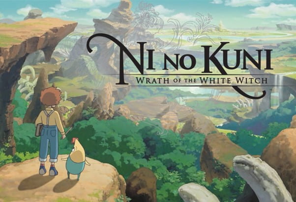 Oliver, the protagonist of the game, gazes over a picturesque natural scenery. The title "Ni No Kuni: Wrath of the white witch" appears in front of the landscape.