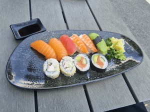 A dish of sushi.