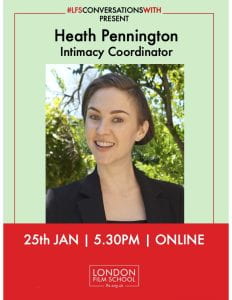 A promotional poster for Heath Pennington's online workshop for Intimacy Coordination. Date deatured is 25th of January at 5:30 PM.