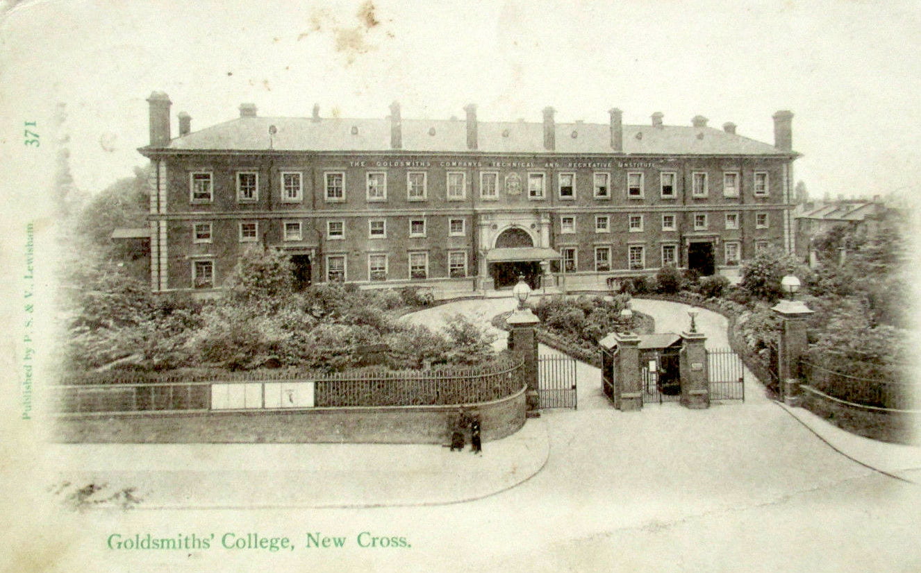 The 'College Beggar' with his broom does appear to be present in this postcard from 1904 with an image of the College when it was the Goldsmiths Company's Technical and Recreative Institute.
